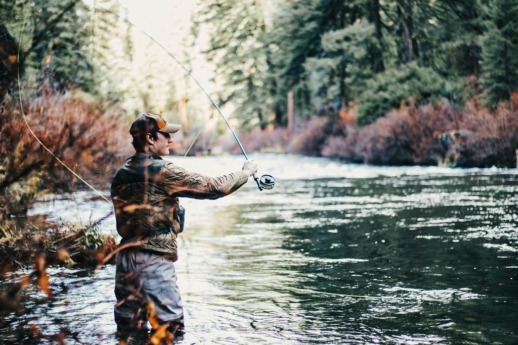 An angler in waders casting into a clear river lined with frost-covered brush and evergreens