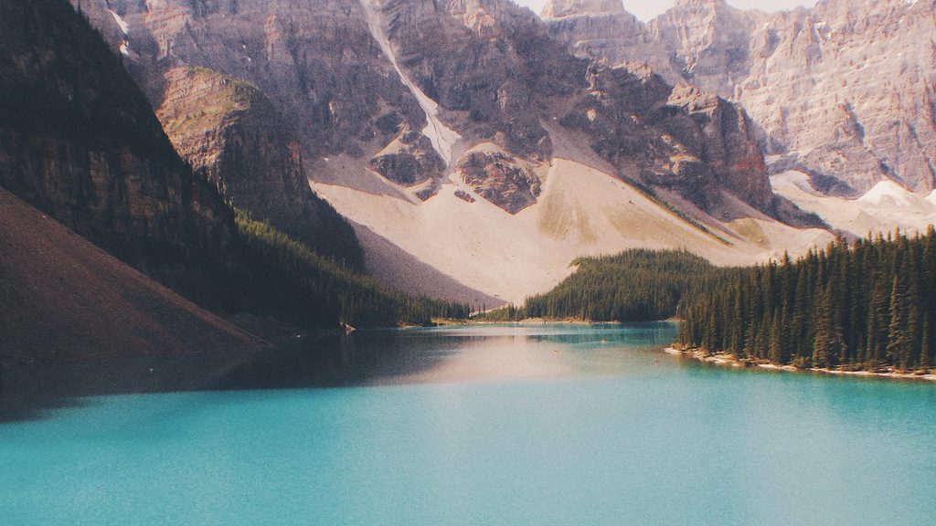 A glacial turquoise lake below the Valley of the Ten Peaks, Banff National Park